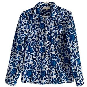 Jones New York Sport Blue Floral Prints Long Sleeve Shirt M